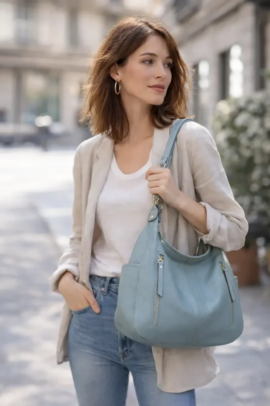 Grand Sac Hobo Bleu en Cuir porté par une femme élégante dans la rue