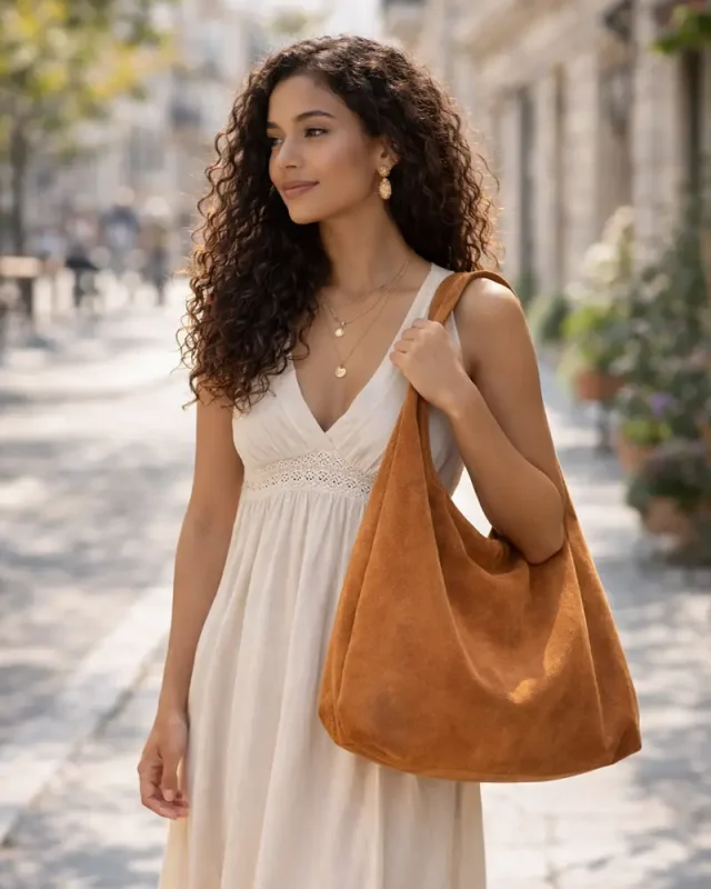 Grand Sac Hobo en daim couleur noisette, porté par une femme boho dans la rue