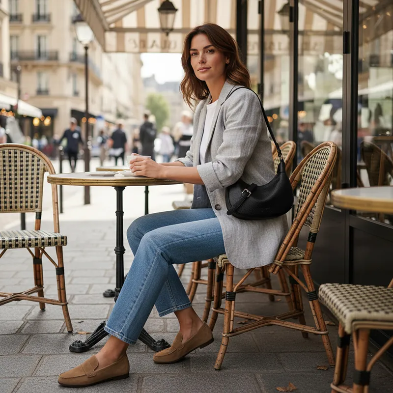 Look citadin casual chic avec un sac hobo noir en cuir