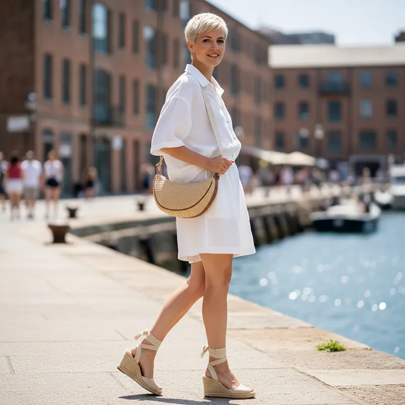 Look Riviera pour l'été avec un sac hobo en raphia