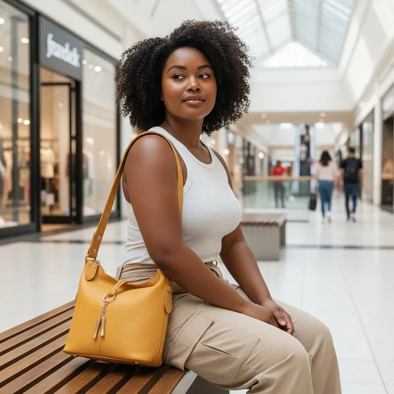 Look urbain solaire avec un sac hobo jaune en cuir